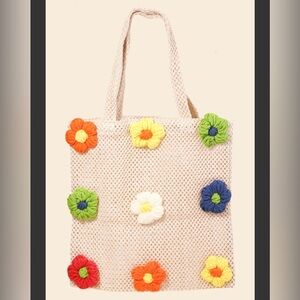 NWT Boho Knitted Crochet Flower Floral Tote Eco Friendly